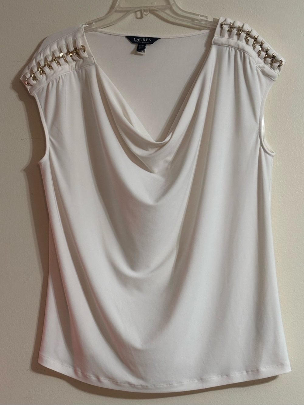 Lauren Ralph Lauren Priyanne Cream Sleeveless Cowl Neck Blouse with Gold Studs